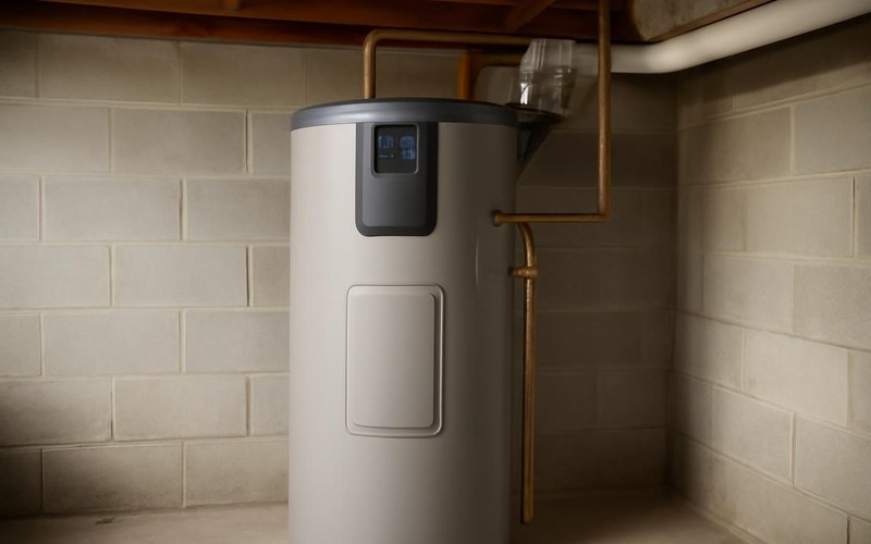 AI concept: Heat pump water heater installed in a basement
