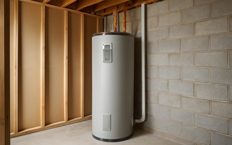 AI concept: Heat pump water heater in a basement