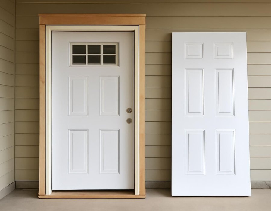 AI concept: Complete prehung door unit next to a single door slab leaning against a wall