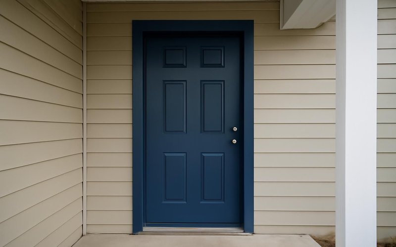AI concept: Painted steel front door under a covered porch
