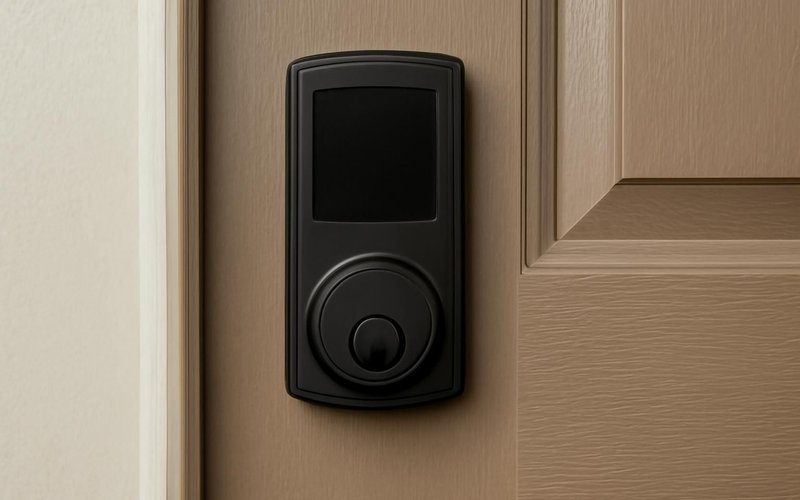 AI concept: An unbranded plain black electronic deadbolt with a completely blank dark screen on an American front door