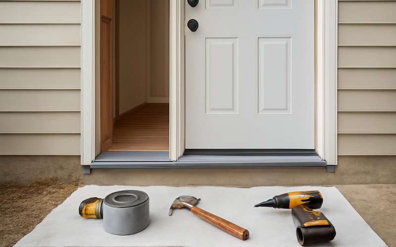 AI concept: Installer placing a sill pan in a door opening