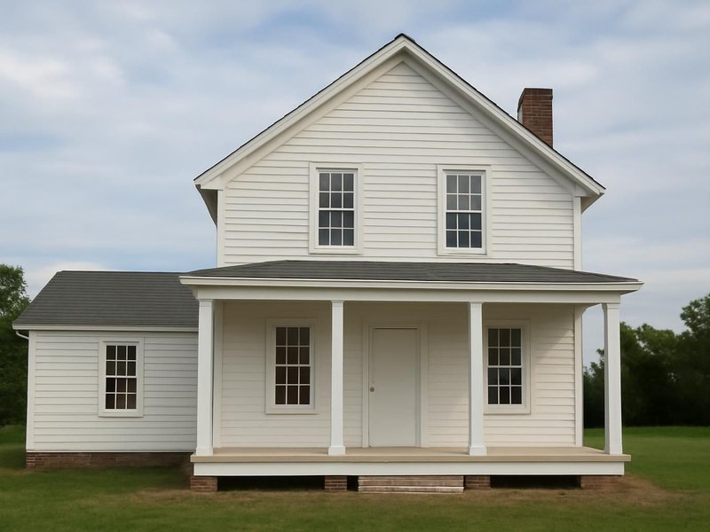 AI concept: Remodeled idea: farmhouse scraped, primed and painted in soft white