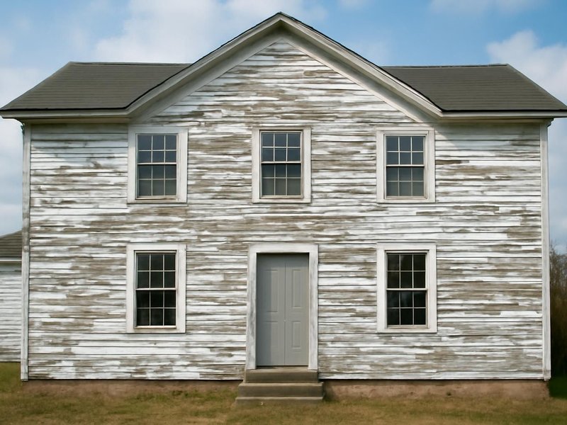 AI concept: Existing condition: peeling white clapboard farmhouse with gray bare wood