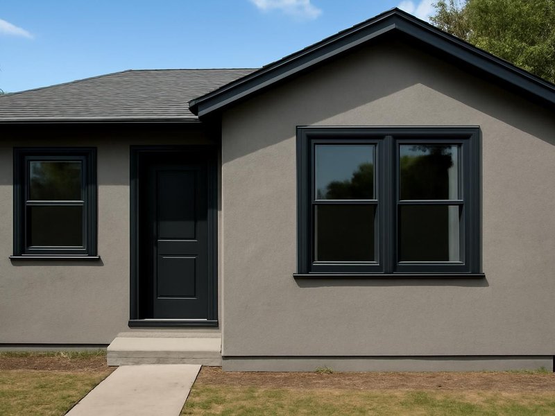 AI concept: Remodeled idea: stucco painted in warm gray with new dark trim