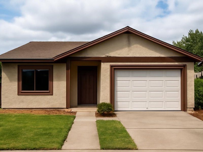 AI concept: Existing condition: tired stucco ranch with stained trim