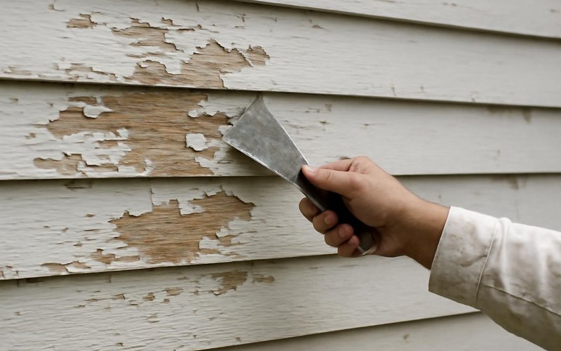 AI concept: Painter scraping peeling paint off wood clapboard
