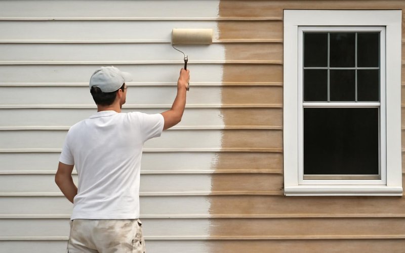 AI concept: Painter priming bare wood siding