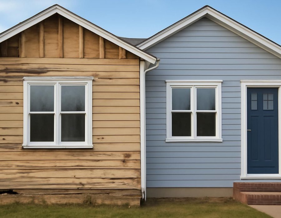 AI concept: House with new windows installed and old siding waiting, next to a house finished in one project