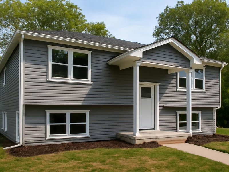 AI concept: Remodeled idea: split-level in gray siding with new windows and a covered entry