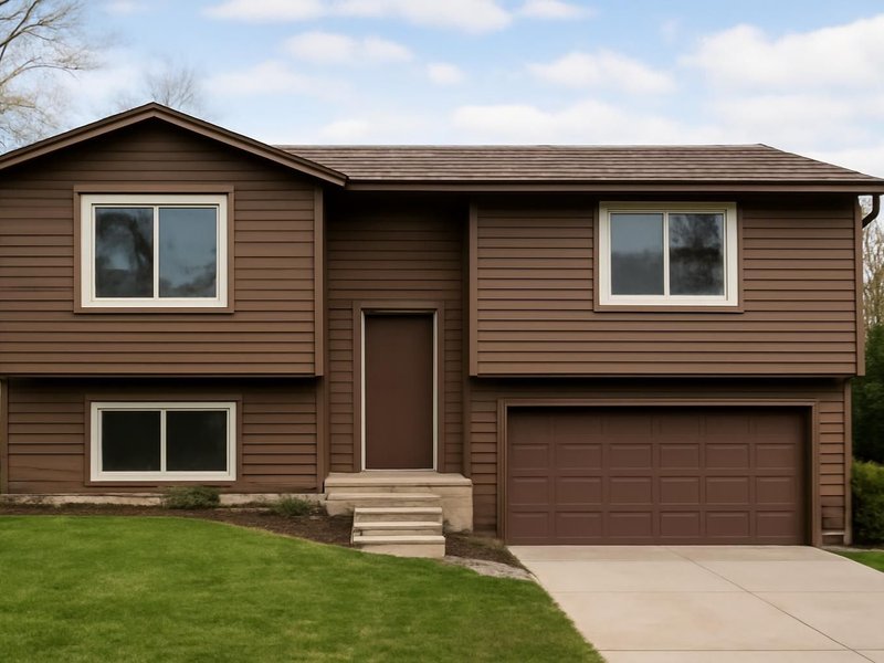 AI concept: Existing condition: brown split-level with a hidden front door and original windows