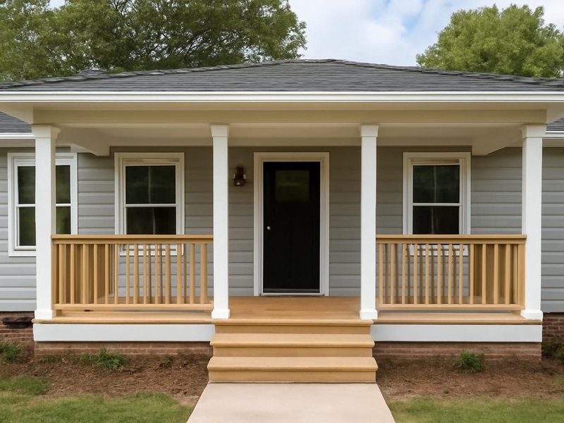 AI concept: Remodeled idea: ranch repainted with wide white trim, black door and a new porch