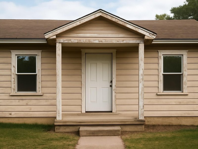 AI concept: Existing condition: ranch with peeling paint, rotted trim and a bare concrete stoop