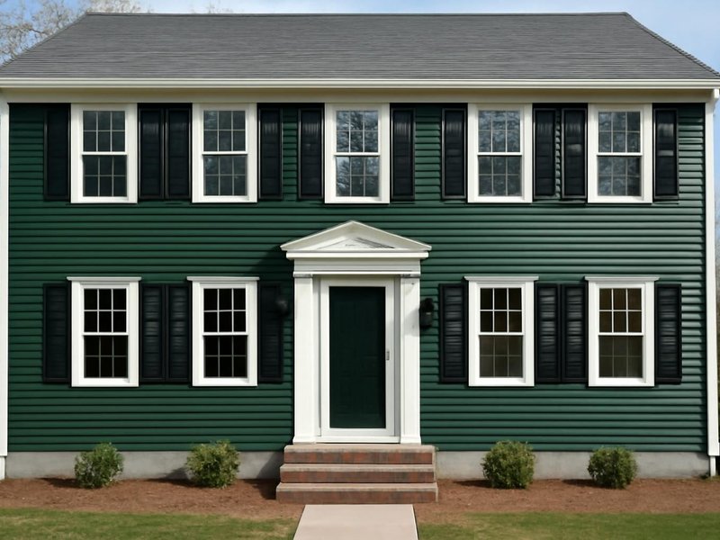AI concept: Remodeled idea: colonial in deep green siding, new windows, shutters and lanterns
