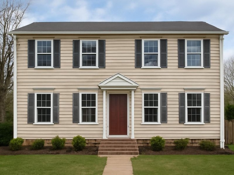 AI concept: Existing condition: two-story colonial with faded siding and missing shutters