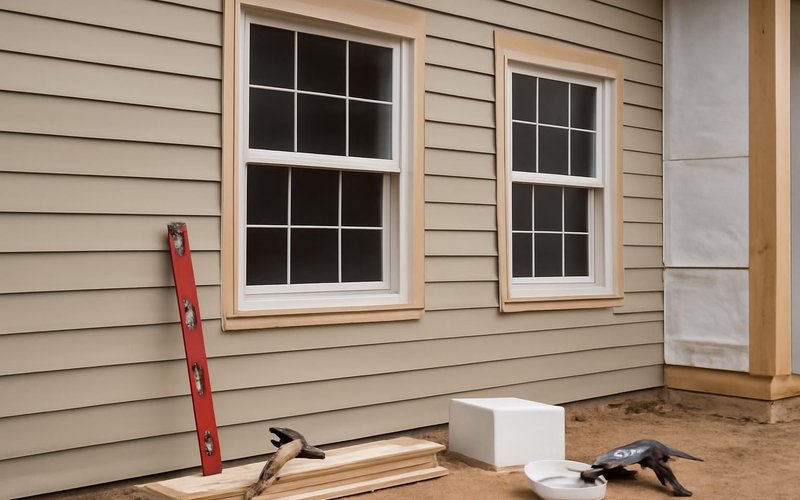 AI concept: Crew installing siding around new windows