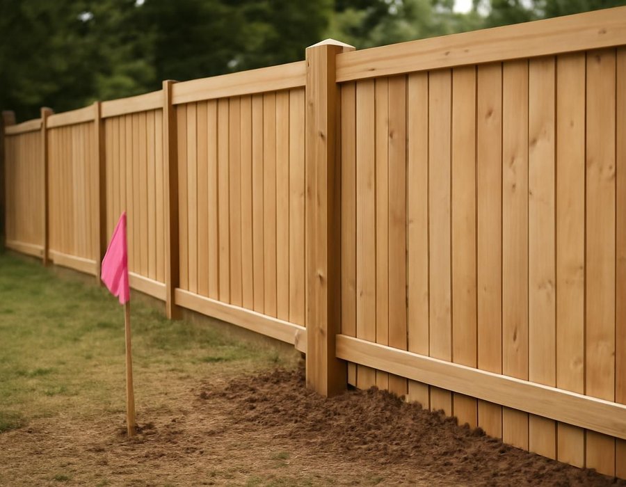 AI concept: A survey pin with a pink flag next to a new fence post set just inside the line