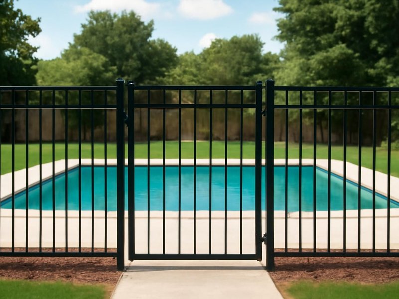 AI concept: Remodeled idea: black aluminum pool fence with self-closing gates