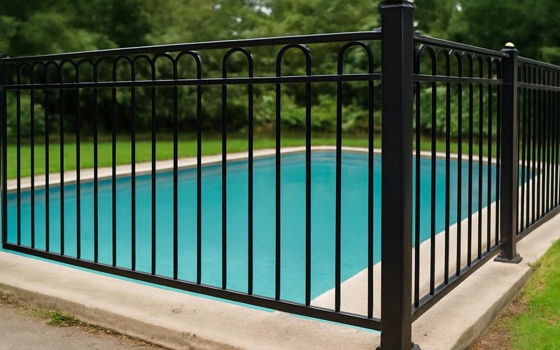 AI concept: Black ornamental aluminum fence around a pool