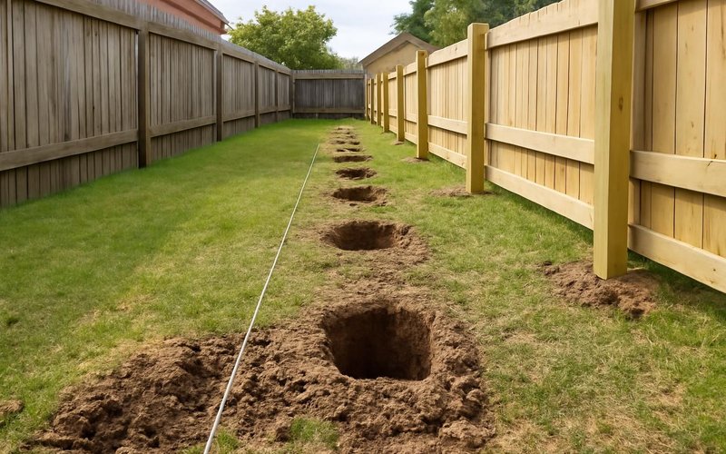 AI concept: Post holes dug along a string line in a backyard