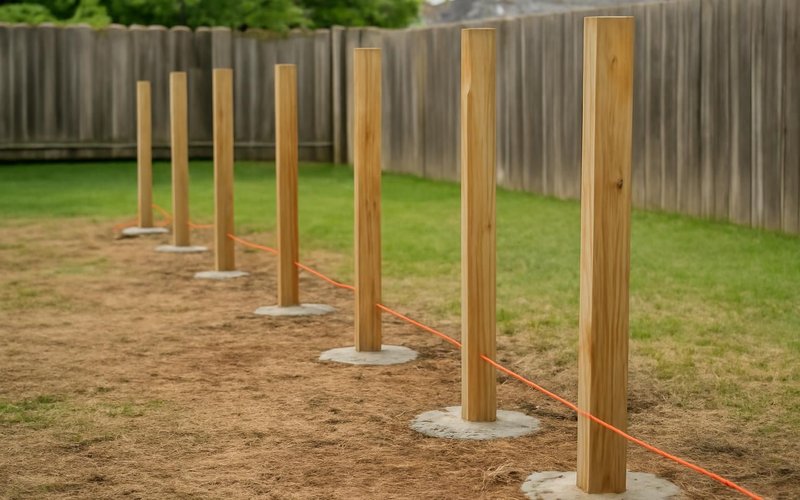 AI concept: Fence posts set in concrete along a string line