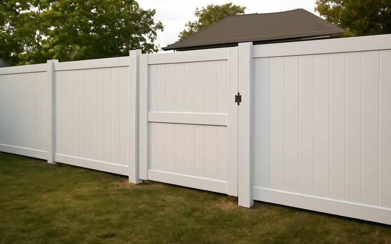 AI concept: Finished vinyl privacy fence with a gate in a backyard