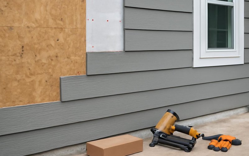 AI concept: Crew preparing a wall for fiber cement siding