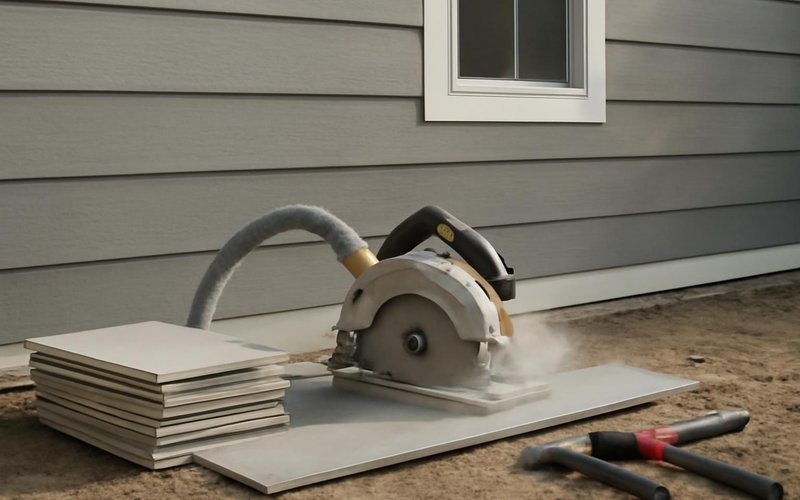 AI concept: Installer cutting fiber cement with dust-control saw