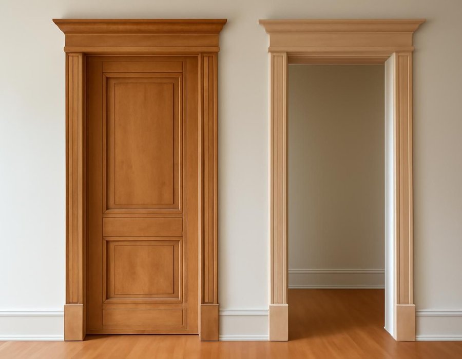 AI concept: Restored original door casing next to a new matching casing in the hallway