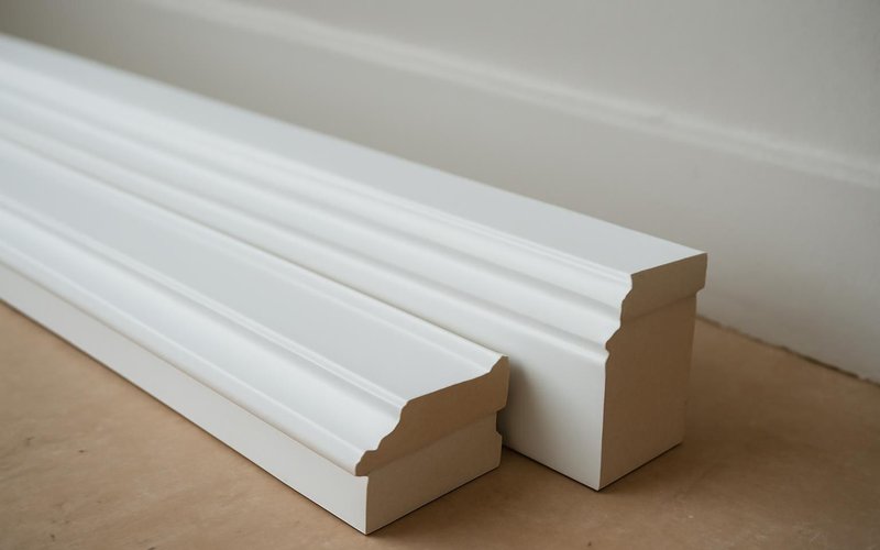 AI concept: Primed MDF baseboard stacked before installation