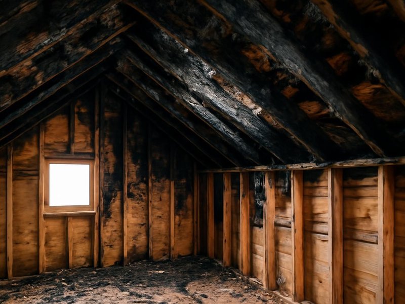 AI concept: Existing condition: attic framing charred after a lightning strike