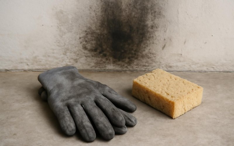 AI concept: Unbranded protective gloves and a dry cleaning sponge beside a soot-marked wall, no people