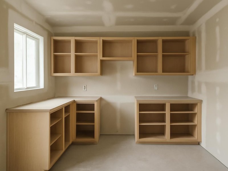 AI concept: An empty kitchen after smoke damage cleanup, with new drywall and exposed clean cabinet framing, no fire