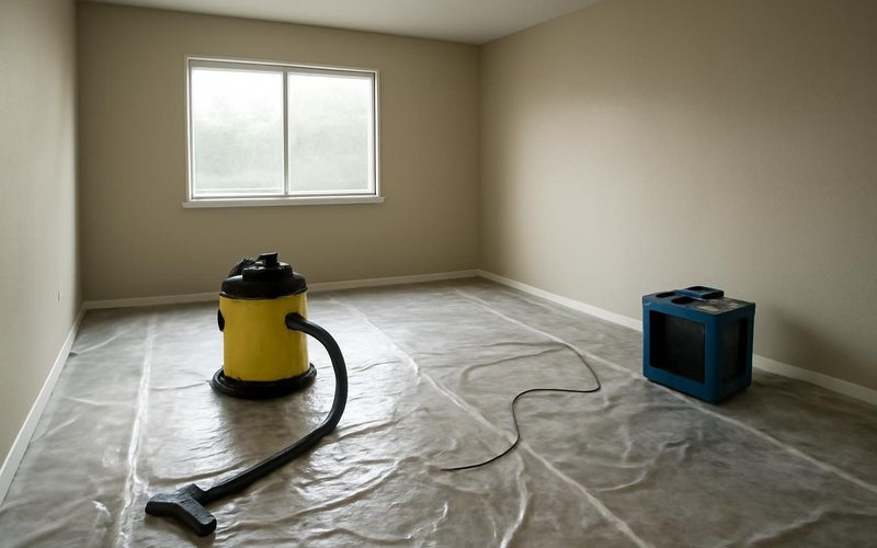AI concept: An empty room during professional smoke cleanup with covered floors and unbranded cleaning equipment, no people