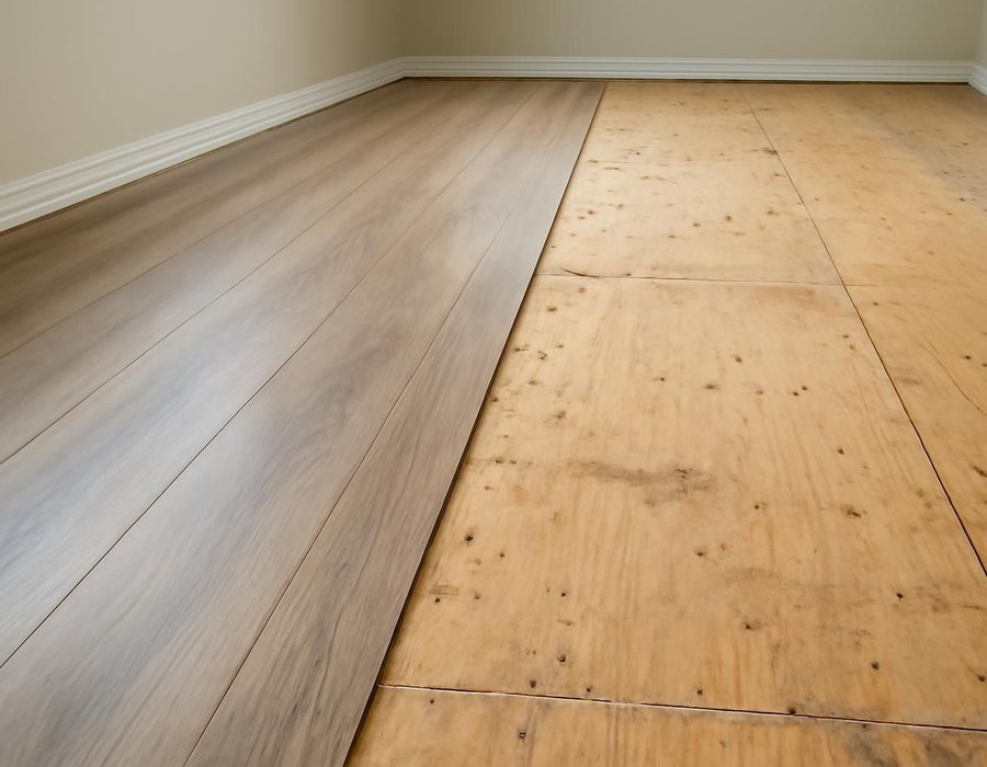 AI concept: New vinyl plank floated over old vinyl on the left, old floor removed down to plywood on the right