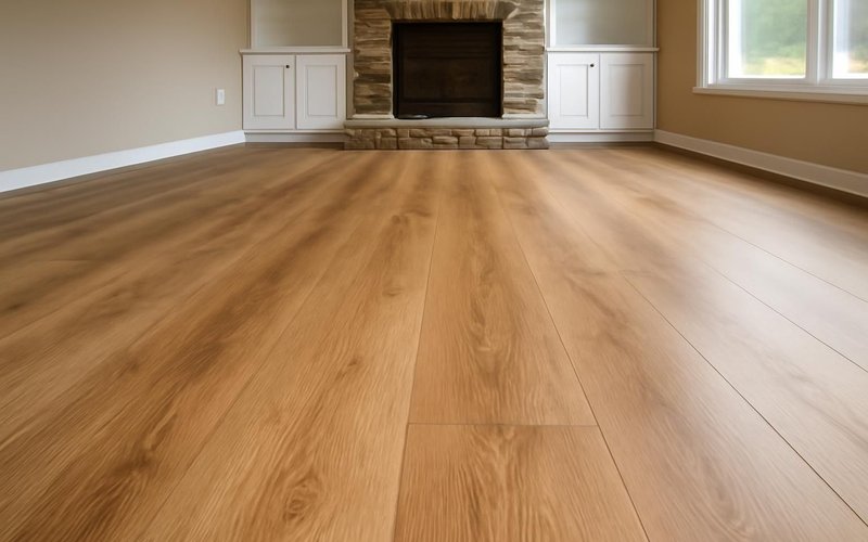 AI concept: Oak-look luxury vinyl plank floor in a family room