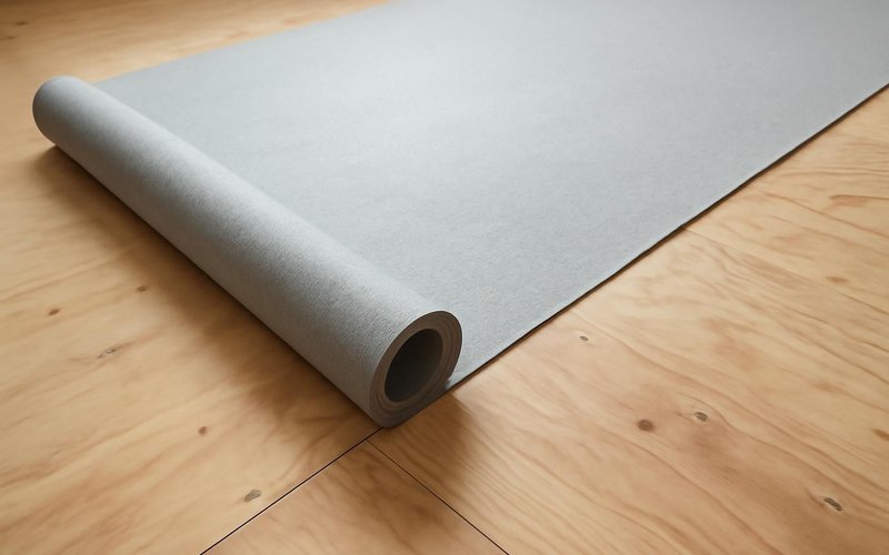 AI concept: Underlayment rolled out over a plywood subfloor