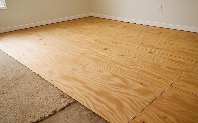 AI concept: Old carpet removed down to a plywood subfloor