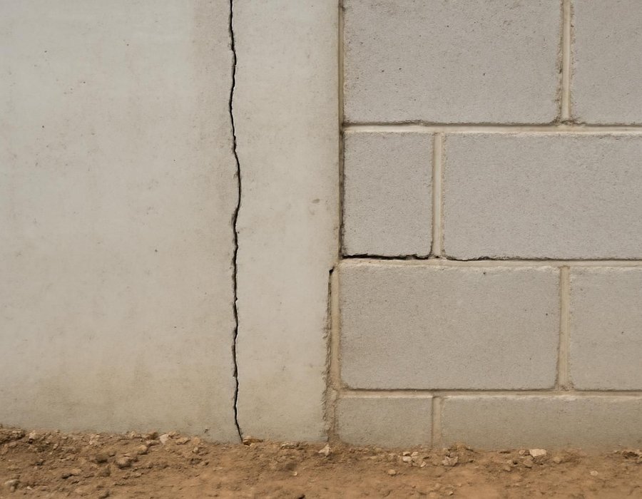 AI concept: Hairline vertical crack in a poured wall next to a horizontal crack in a block wall