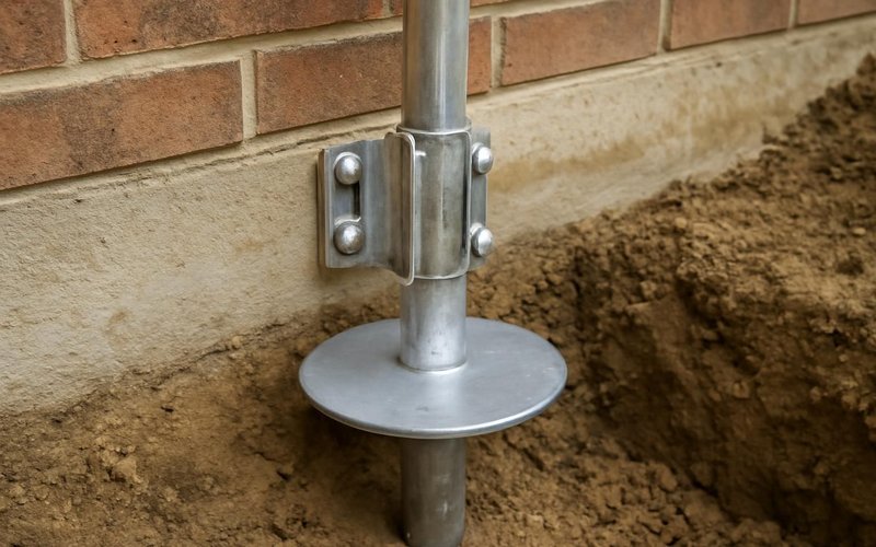 AI concept: Helical pier being installed next to a foundation