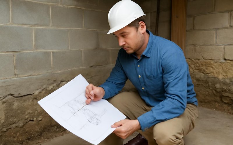 AI concept: Structural engineer reviewing a foundation repair plan