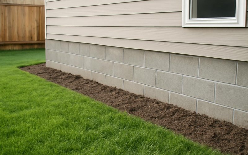 AI concept: Restored yard beside a repaired foundation wall