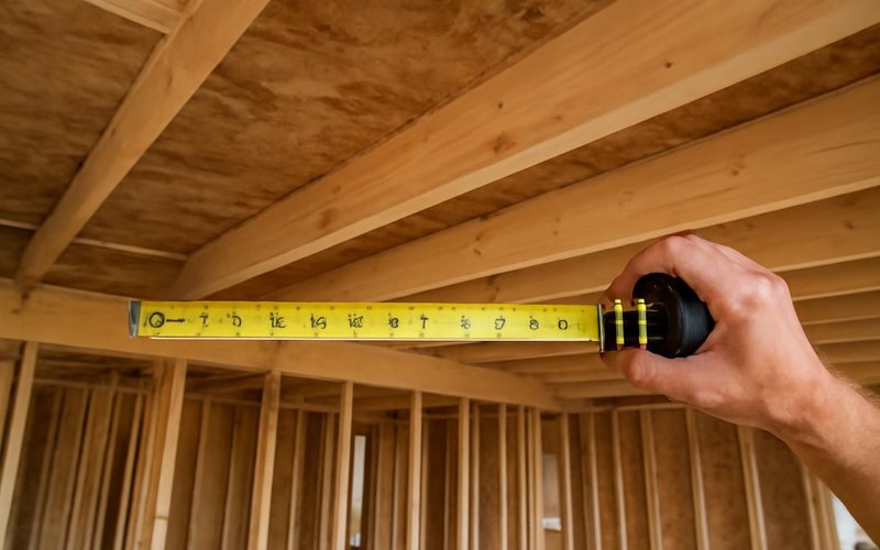 AI concept: Engineer measuring a joist span in an open ceiling