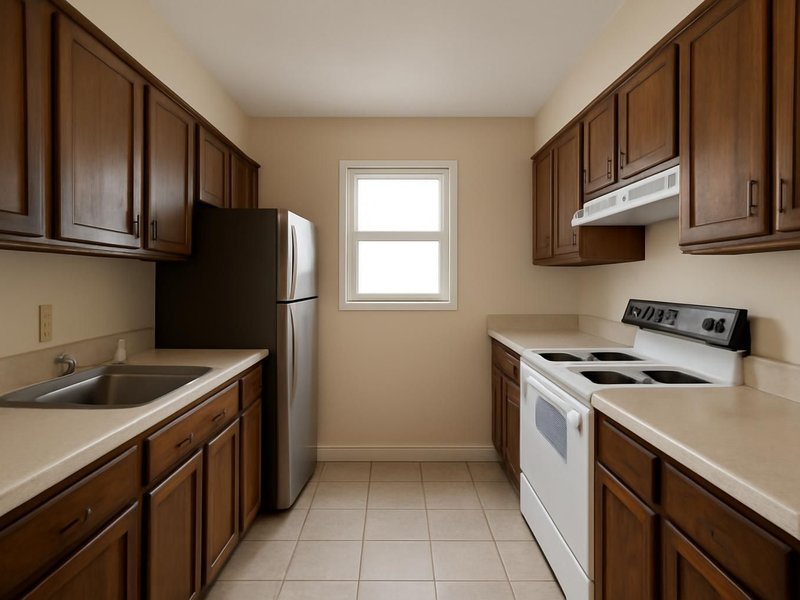 AI concept: Existing condition: dark oak galley kitchen with laminate counters