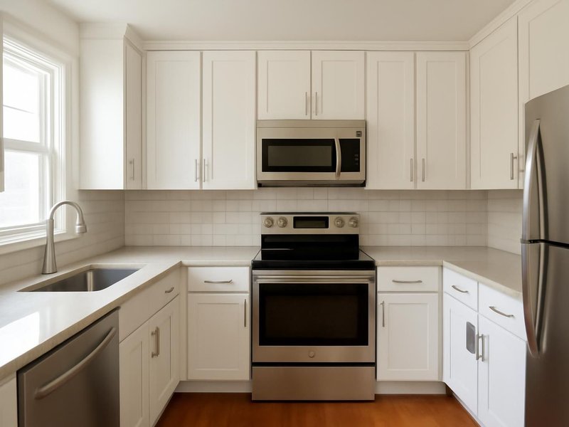 AI concept: Remodeled idea: small U-shaped kitchen with new shaker cabinets to the ceiling