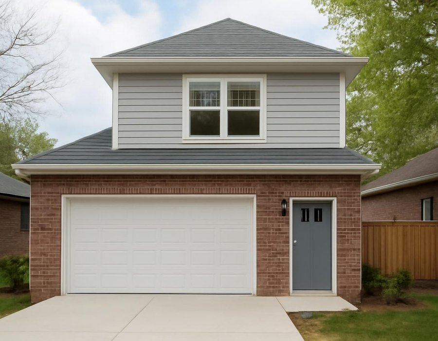 AI concept: Garage converted into a studio beside a garage with a new apartment on top