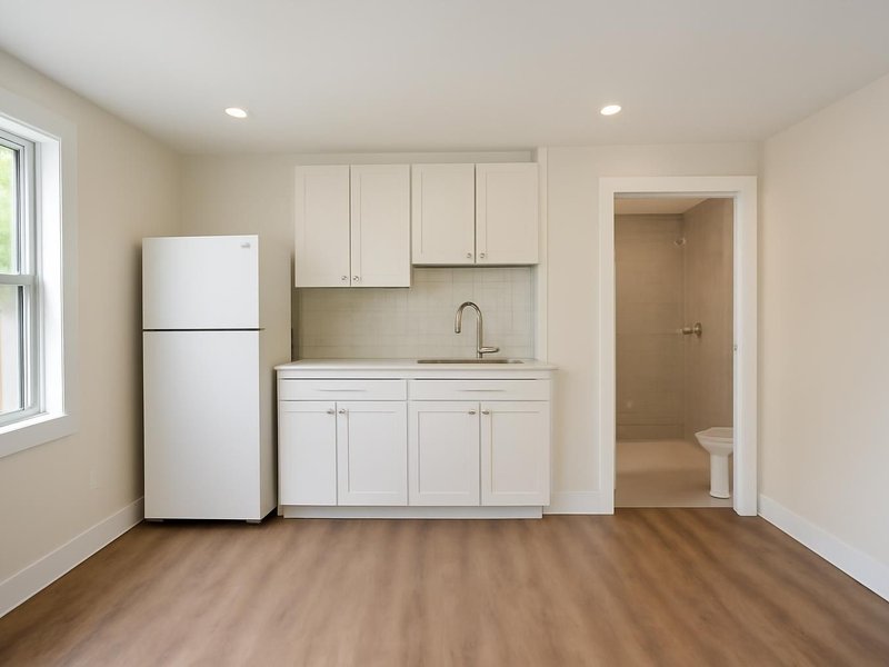 AI concept: Remodeled idea: bright studio with a kitchenette and a shower room