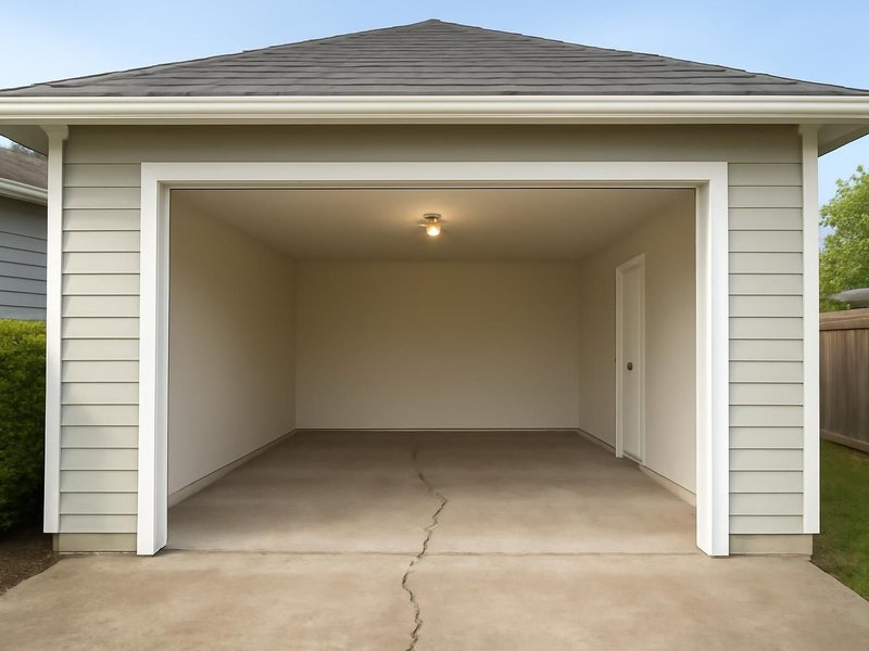 AI concept: Existing condition: one-car garage with a cracked slab and single bulb