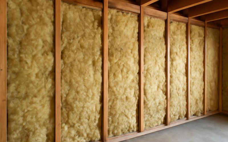 AI concept: Mineral wool batts in garage wall studs