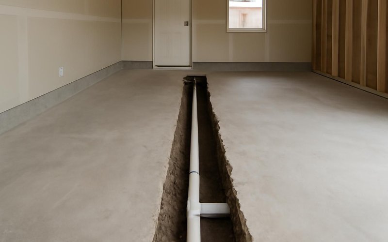 AI concept: Trench cut in a garage slab for plumbing